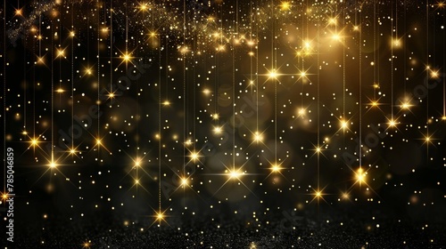 Golden glittering stars hanging from the top on thin threads against a dark background.