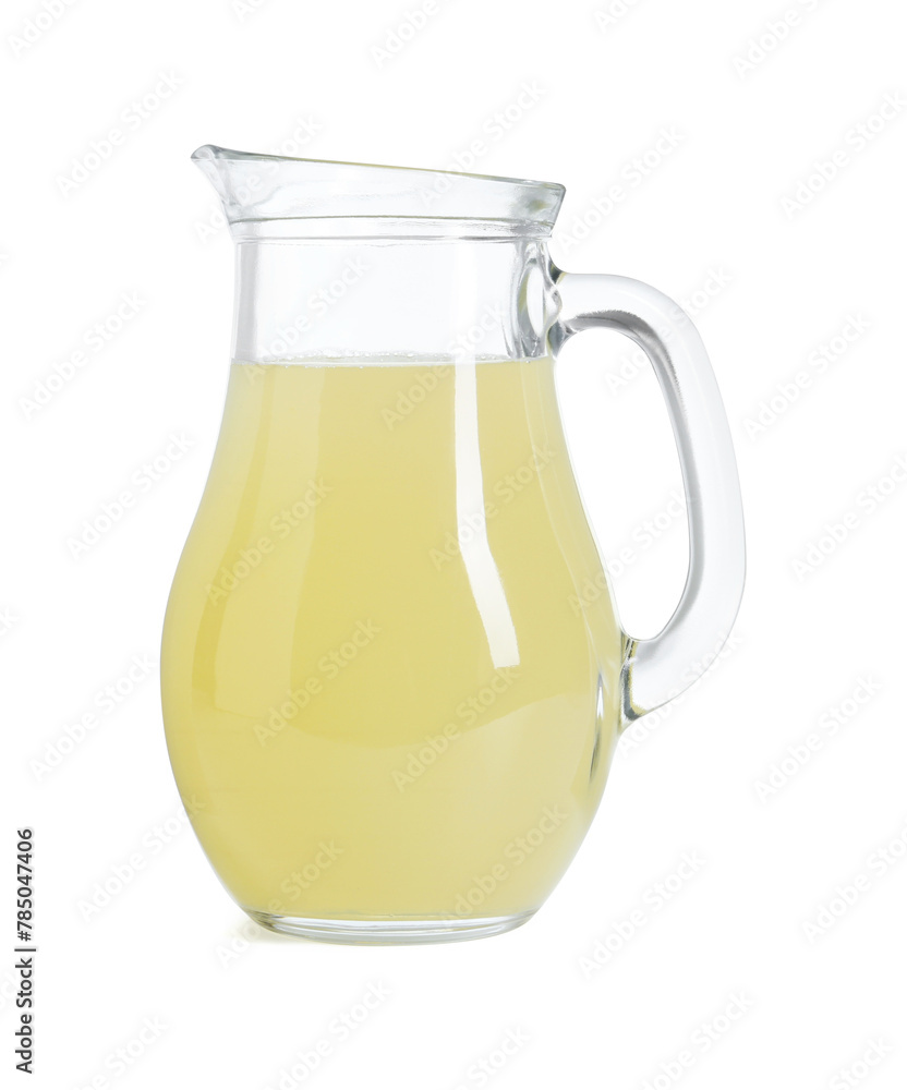 Refreshing lemon juice in jug isolated on white Refreshing lemon juice in jug isolated on white