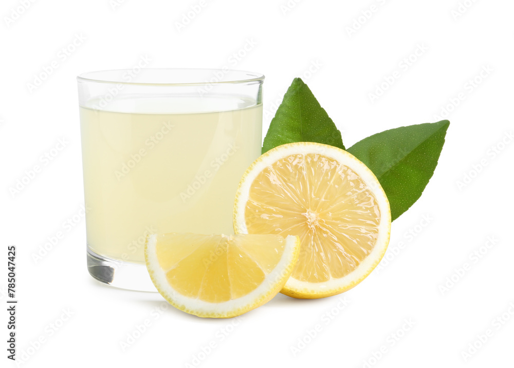 Refreshing lemon juice in glass, leaves and fruit isolated on white Refreshing lemon juice in glass, leaves and fruit isolated on white