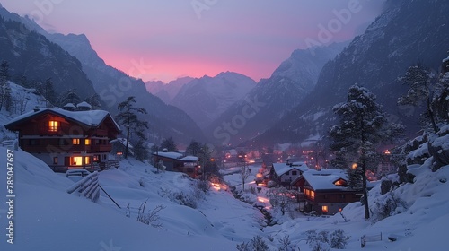 A beautiful winter mountain landscape with snow-covered houses and trees.