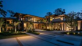 An elegant residence exhibiting a fusion of modern and traditional architectural elements, illuminated by the soft evening light The house features a unique blend of flat and gabled roofs