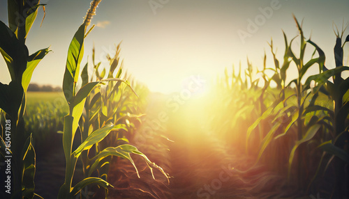 Sunset over corn field, sun light on a skyline, agriculture plantation land, panoramic view. Generative AI