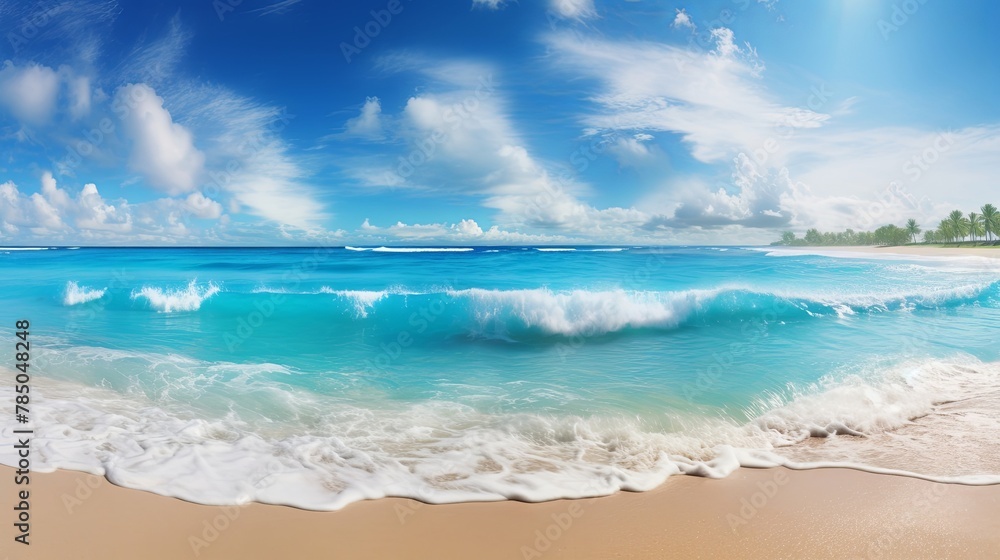 Fototapeta premium Tropical beach panorama as summer landscape with beach swing or hammock and white sand and calm sea for beach banner.