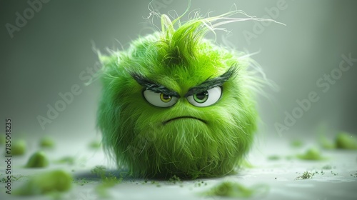 A green furball with a grumpy expression on its face
