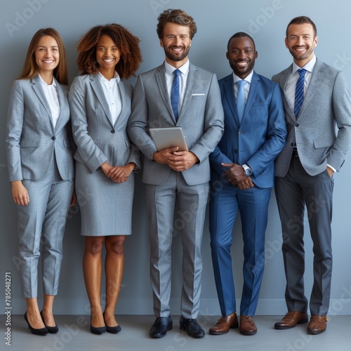 A group of five business professionals in suits and formal attire posing for a photo.