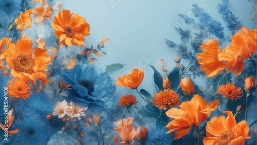 A dreamy floral arrangement featuring vivid orange poppies and contrasting blue flowers on a serene blue backdrop