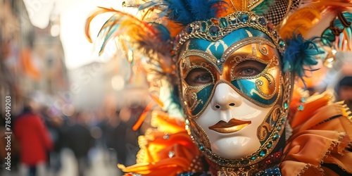 Mysterious Carnival Reveler Blending into the Vibrant Festivities with a Dramatic Mask © Thares2020
