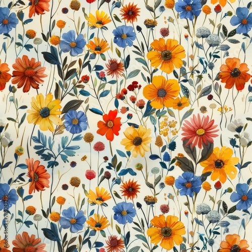 This seamless pattern features colorful wildflowers painted in watercolor.