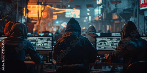 Covert Cyber Criminals Orchestrating a Digital Heist from Their Secluded Hideout Amid the Moody Urban Nightscape photo