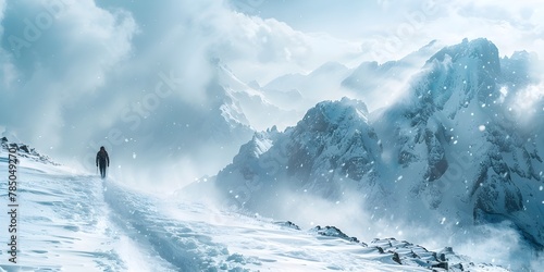Lone Wanderer Braving the Elements on a Snow Covered Mountain Pass Evading Pursuit in the Harsh Unforgiving Wilderness photo