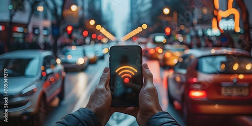 Smartphone in Hand Showing Glowing Wi Fi Symbol Navigating Busy City Street Staying Connected