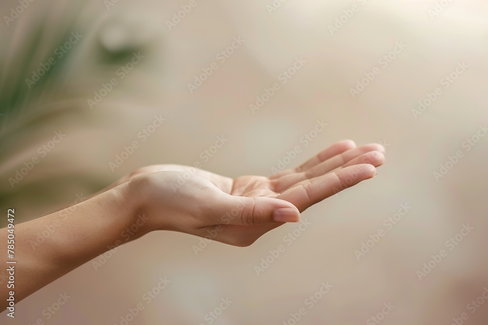 An open hand gesturing against a soft blurred background. An open hand gesturing against a soft blurred background.