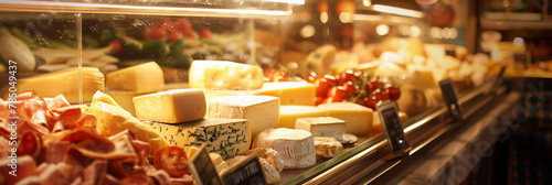 Artisanal cheeses of different shapes and sizes are elegantly presented under the soft lighting of a deli case