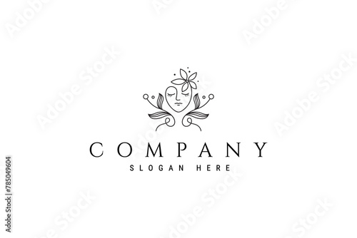 beautiful woman logo with combination of flowers and leaves in abstract linear line art design style