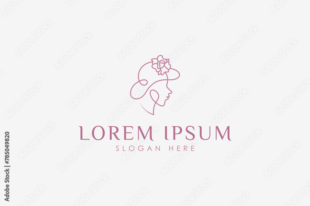 woman wearing hat with rose flower decoration in pink abstract continuous line logo design style woman wearing hat with rose flower decoration in pink abstract continuous line logo design style