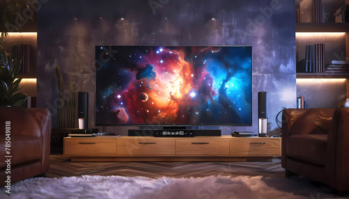 Living room with big tv screen on wooden table. Generative ai design art concept.