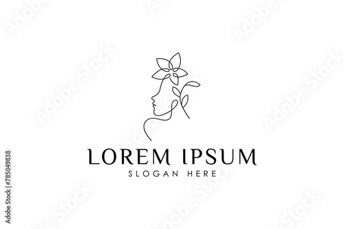 beautiful woman with flower plant decoration in minimalist linear logo design style
