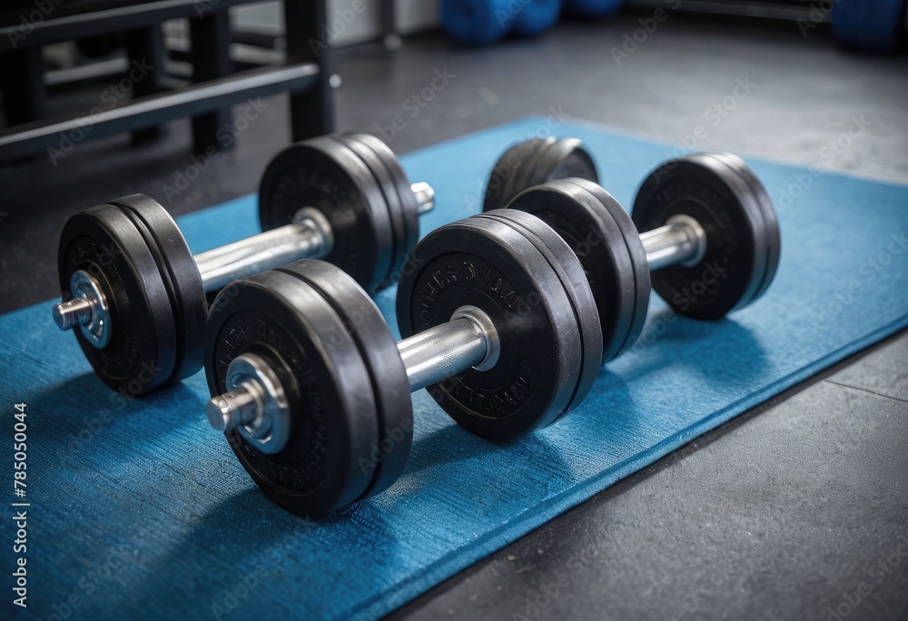 Amidst the hum of the gym, dumbbells rest on a blue mat, awaiting the next workout Amidst the hum of the gym, dumbbells rest on a blue mat, awaiting the next workout