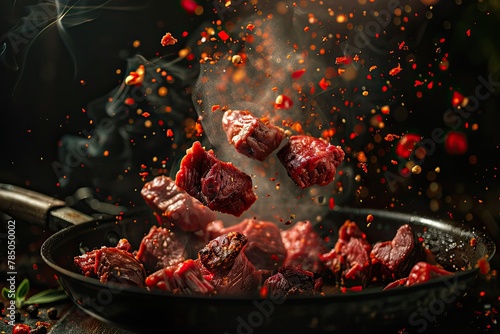  Beef milled meat flying from a pan