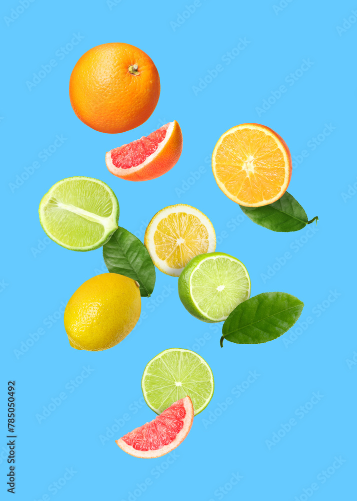 Many different fresh citrus fruits in air on light blue background Many different fresh citrus fruits in air on light blue background