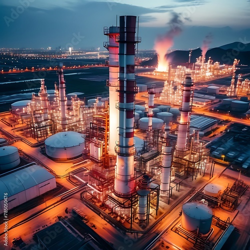 Impressive view of an oil refinery and plant with a tall tower column in the petrochemistry industry
