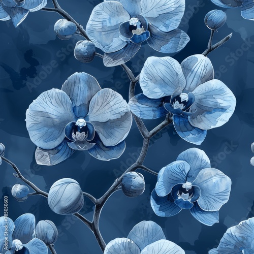 The seamless pattern features monochrome orchid flowers on a blue background, hand-painted with watercolors
