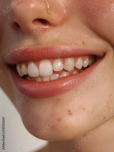 A close-up image that captures the essence of a perfect and adorable array of teeth  featuring bright and healthy teeth that sparkle with natural beauty.
