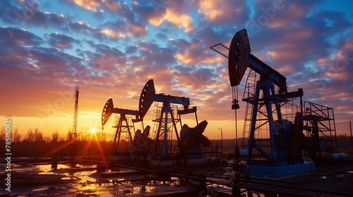 Dawn Breaks Over Field of Oil Pumpjacks