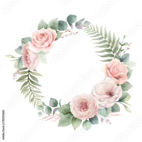 Watercolor vector floral wreath. Dusty pink roses flowers and eucalyptus leaves. Foliage arrangement for wedding invitations, greetings, wallpapers, fashion, decoration. Hand painted illustration.