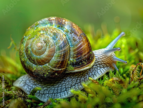 Snail traversing mossy terrain, its spiral shell a tapestry of life; morning's dew adorns.