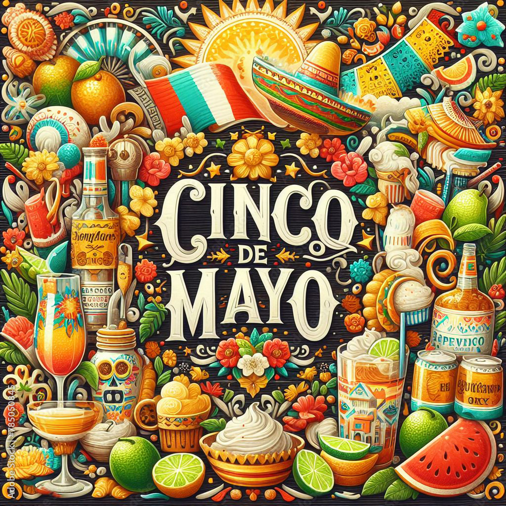Cinco de Mayo concept for Mexican cultural heritage with Mexican food, avocados, salsa, limes, Cinco de Mayo, Infuse vibrant colors such as red, green, and yellow for festive flair Generative Ai