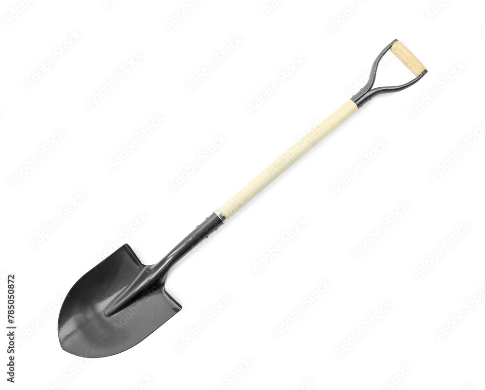 One new shovel with wooden handle isolated on white. Gardening tool