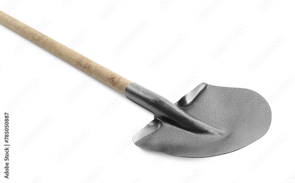 One new shovel with wooden handle isolated on white. Gardening tool