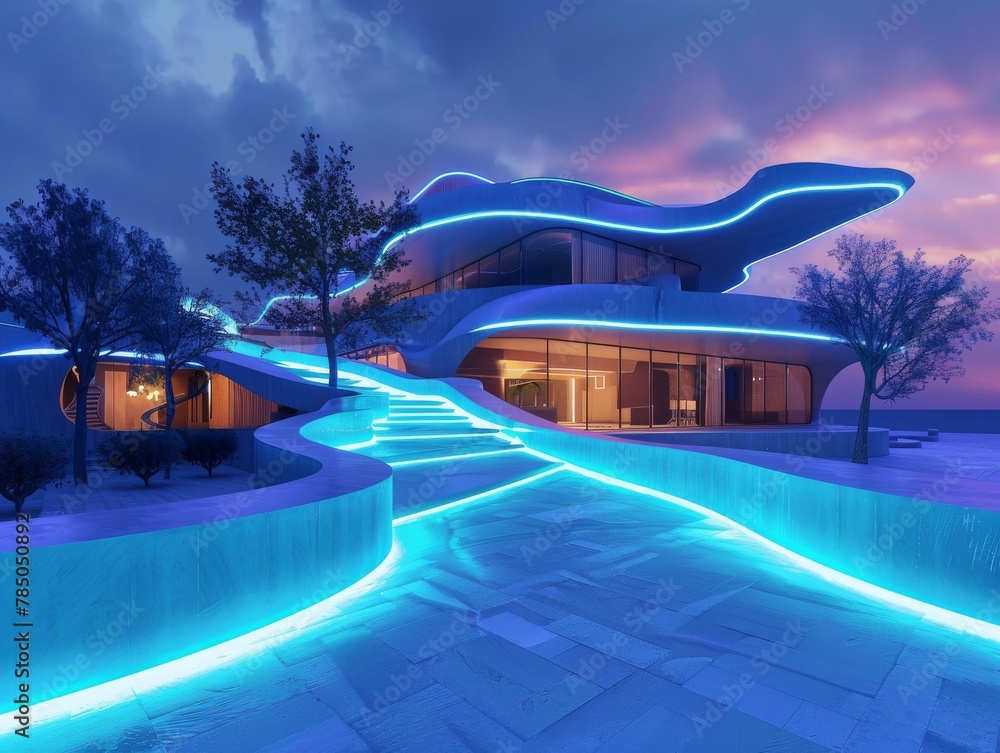 Fototapeta premium Natural lighting solutions elevate architecture through bioluminescent design, resulting in glowing buildings with unique charm.