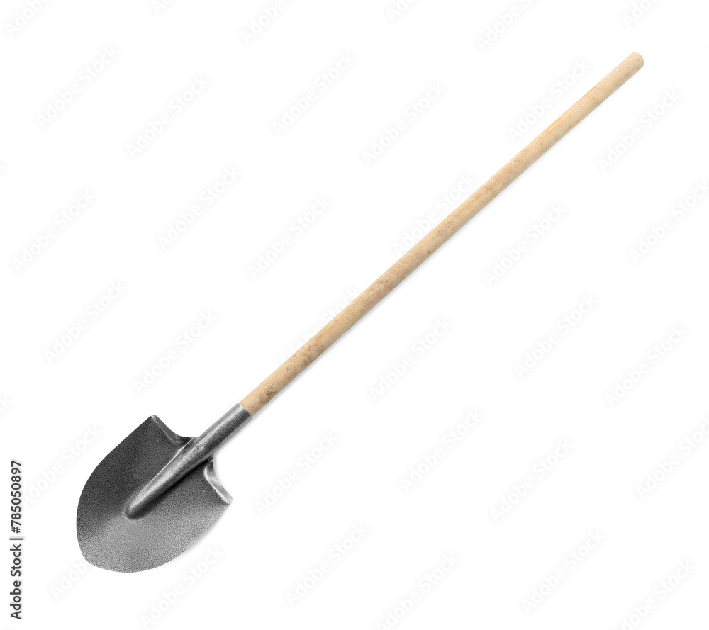 One new shovel with wooden handle isolated on white. Gardening tool One new shovel with wooden handle isolated on white. Gardening tool