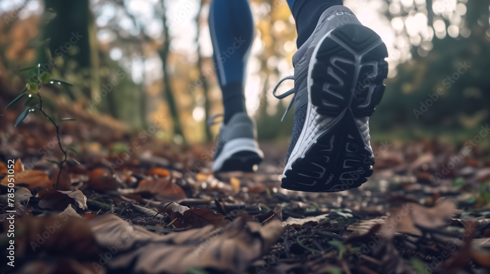 Fitness lifestyle, close-up of running shoes on a forest trail, Fitness lifestyle, close-up of running shoes on a forest trail,
