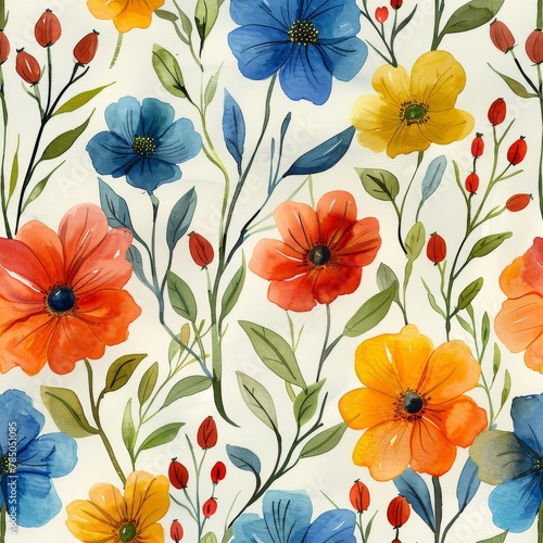 Handpainted watercolor multicolored flowers pattern in spring