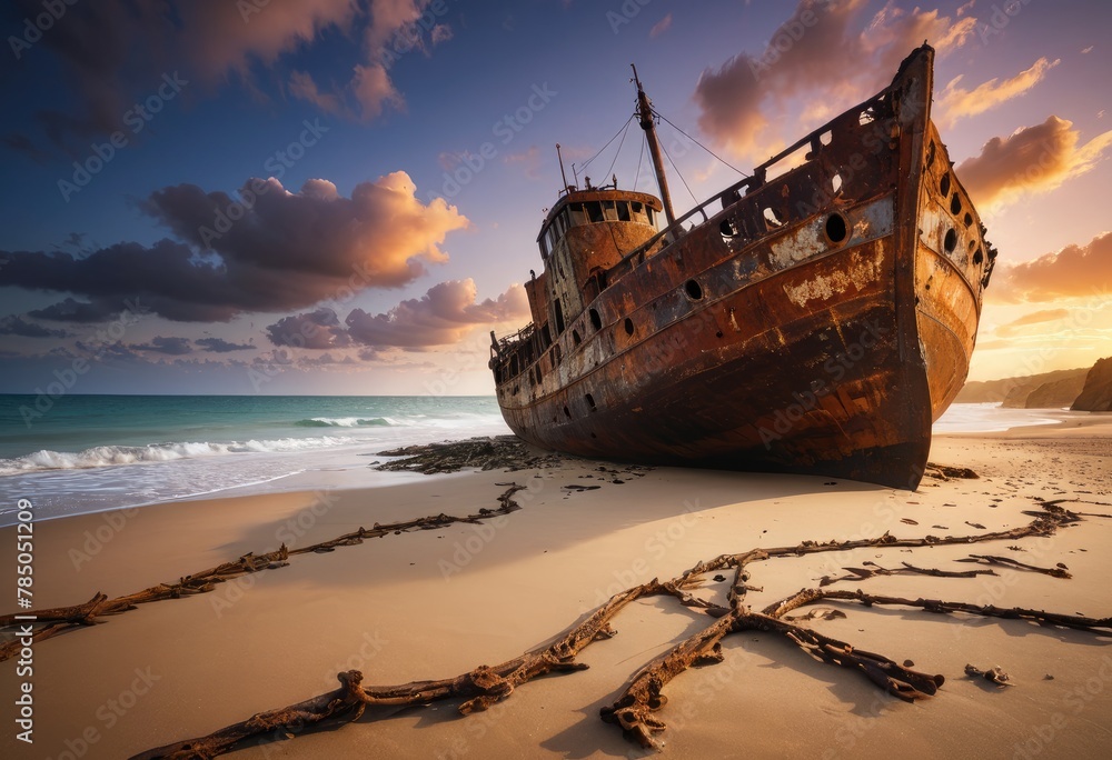At dusk, a rusty shipwreck looms on a sandy beach, a silent sentinel of maritime history