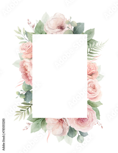 Dusty pink roses flowers and eucalyptus leaves. Watercolor vector rectangle floral frame. Wedding stationary, greetings, wallpapers, fashion, fabric, home decoration. Hand painted illustration.