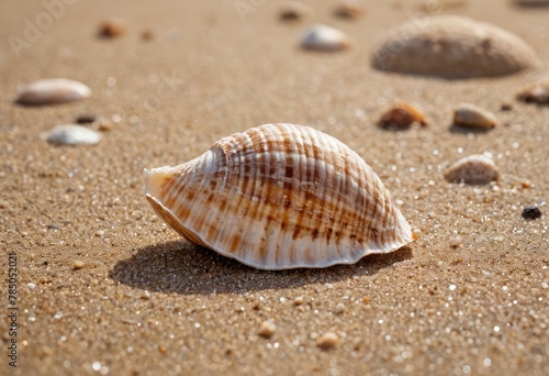 Glistening seashell rests on sandy shore, its intricate details captured in a mesmerizing close-up © SnehaUniverse