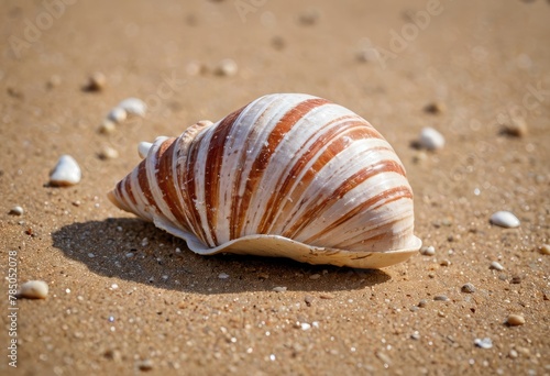 Glistening seashell rests on sandy shore, its intricate details captured in a mesmerizing close-up