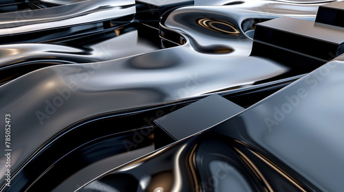 Reflective 3D mercury stream carves through stark black geometric contrasts. © Nasreen
