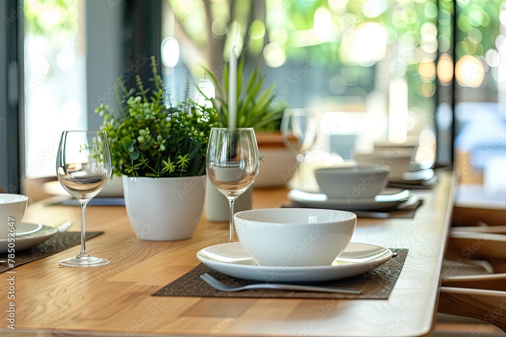 Dinning table arranged with plates and cutlery in a modern house Dinning table arranged with plates and cutlery in a modern house