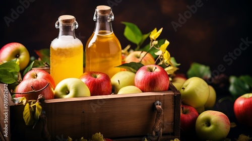 Bottles with cider, glasses and organic apples in a wooden box. Healthy eating and lifestyle concept. Bottle and glasses of homemade organic apple cider with fresh apples in box.