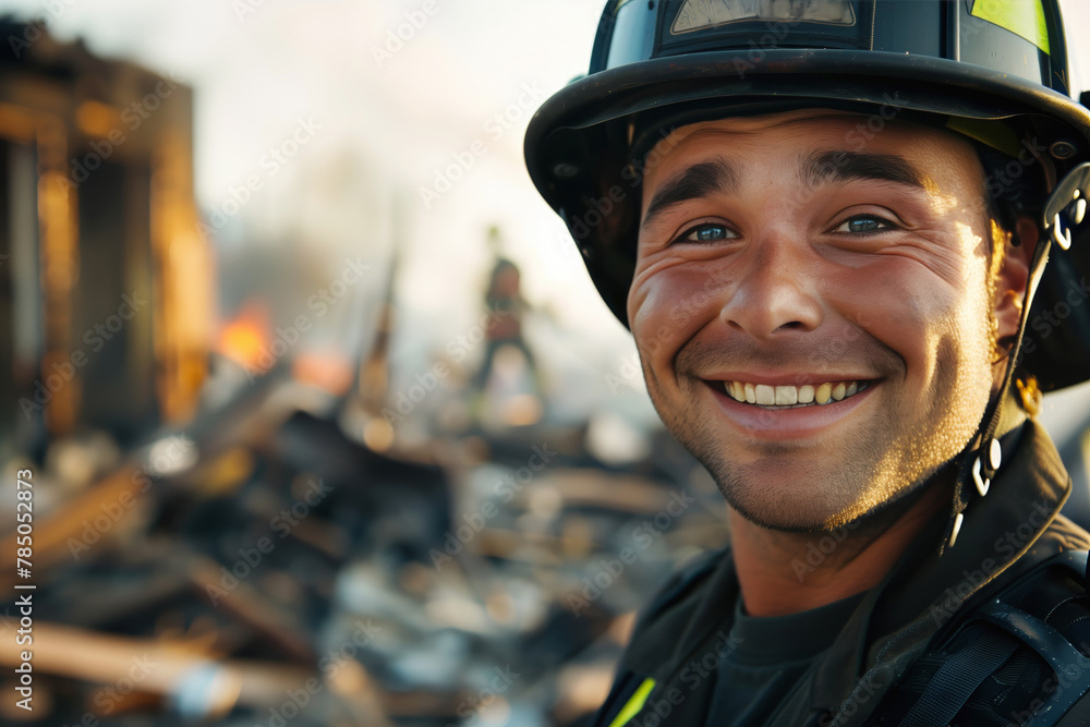 Smiling firefighter with a backdrop of devastation. Smiling firefighter with a backdrop of devastation.