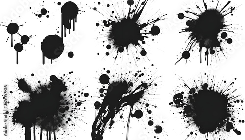 Collection of Black Round Ink Stains and Splatters: Frame Elements on White Background