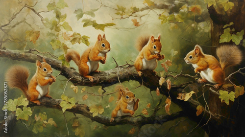 Whimsical scene of a family of squirrels engaged in a playful game of tag among the branches, their agile movements a joyous dance in the treetops. photo