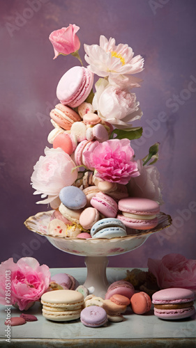 A tower of macarons and flowers as cake decorating supply on a table