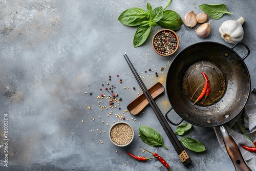 Empty iron wok with chopsticks and raw ingredients on light grey table, flat lay. Space for text