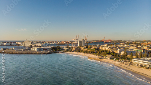 Aeriel view of Bathers Beach with Fremantle Port in background on blue sunny day. Fremantle, Western Australia. Australia.  © Zarlow Photography